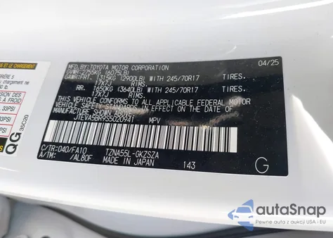 2025 Toyota 4Runner Sr5 z USA, uszkodzony, nr VIN JTEVA5BR9S5020941